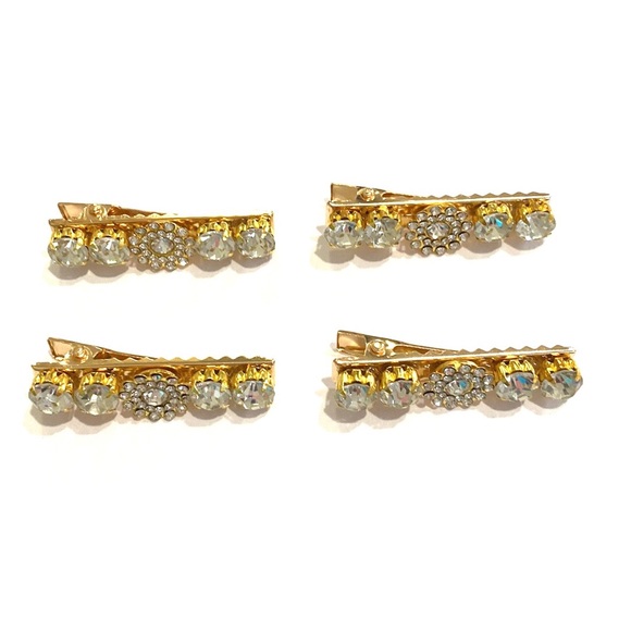 Set Of 4 Rhinestone Hair Clips Barrettes Gold Tone Flower Updos - Picture 4 of 7